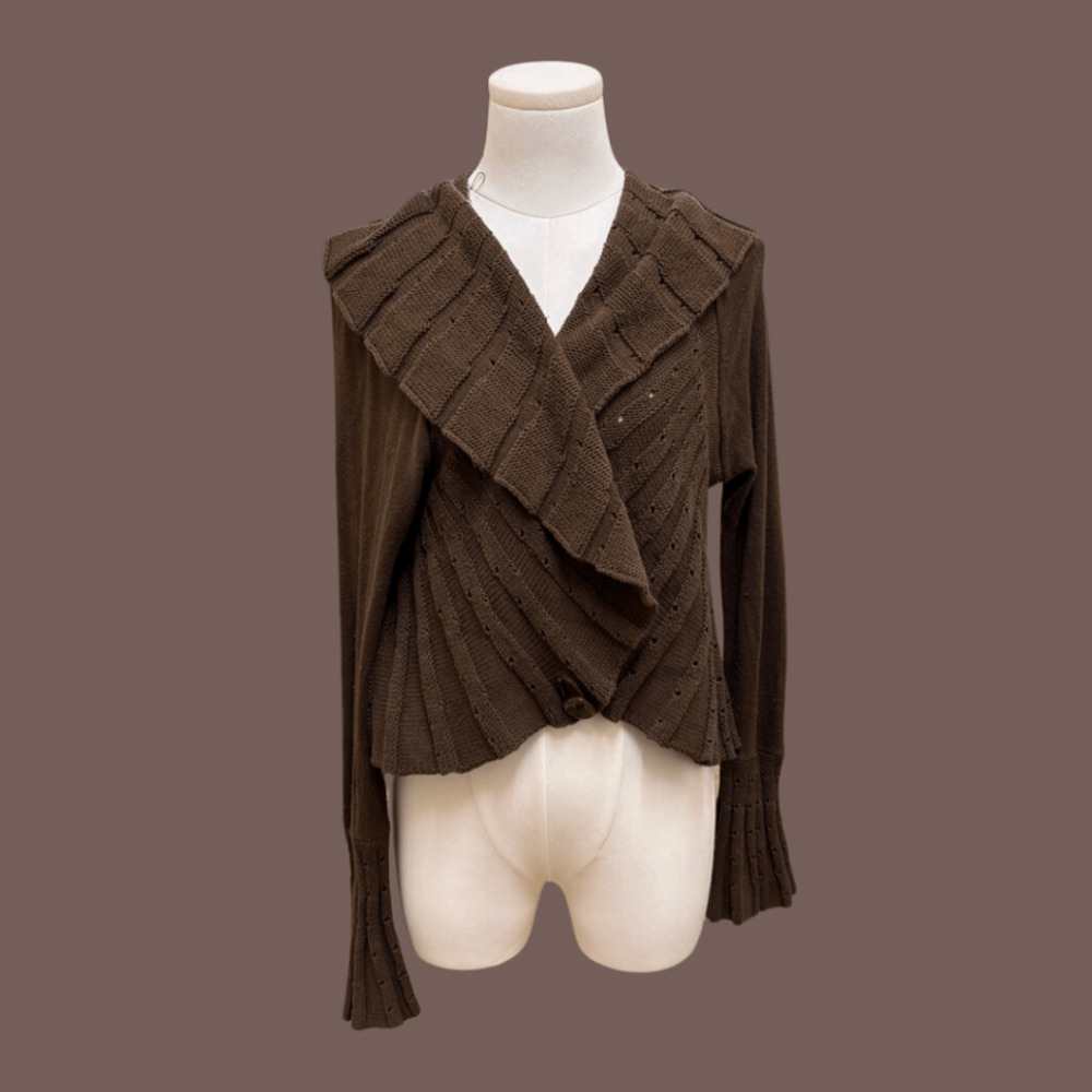 Unbranded Knit Cardigan | Brown Ruffle Detail | Size L | Vintage